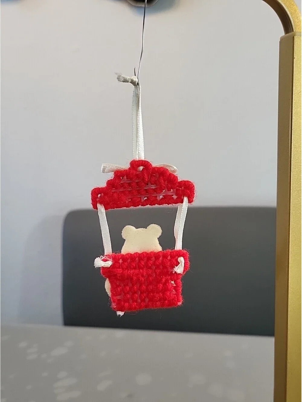 Vtg Mini Flocked Teddy Bear with Ornate Red Baby Swing Box Handmade 3